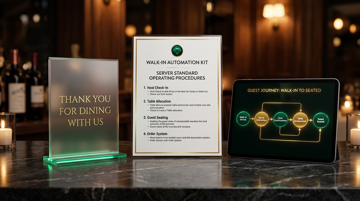 The Walk-In Automation Kit physical mockup with table tents and server SOPs